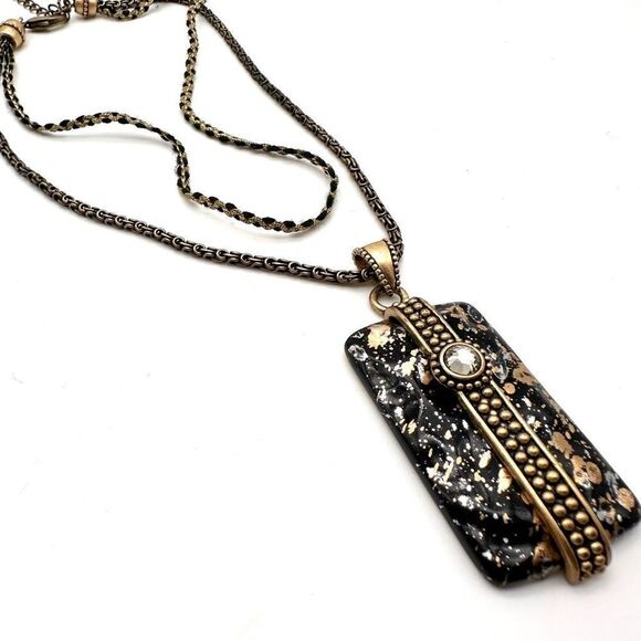 Chico’s multi-strand gold & black marbled pendant statement necklace layered - Picture 1 of 9